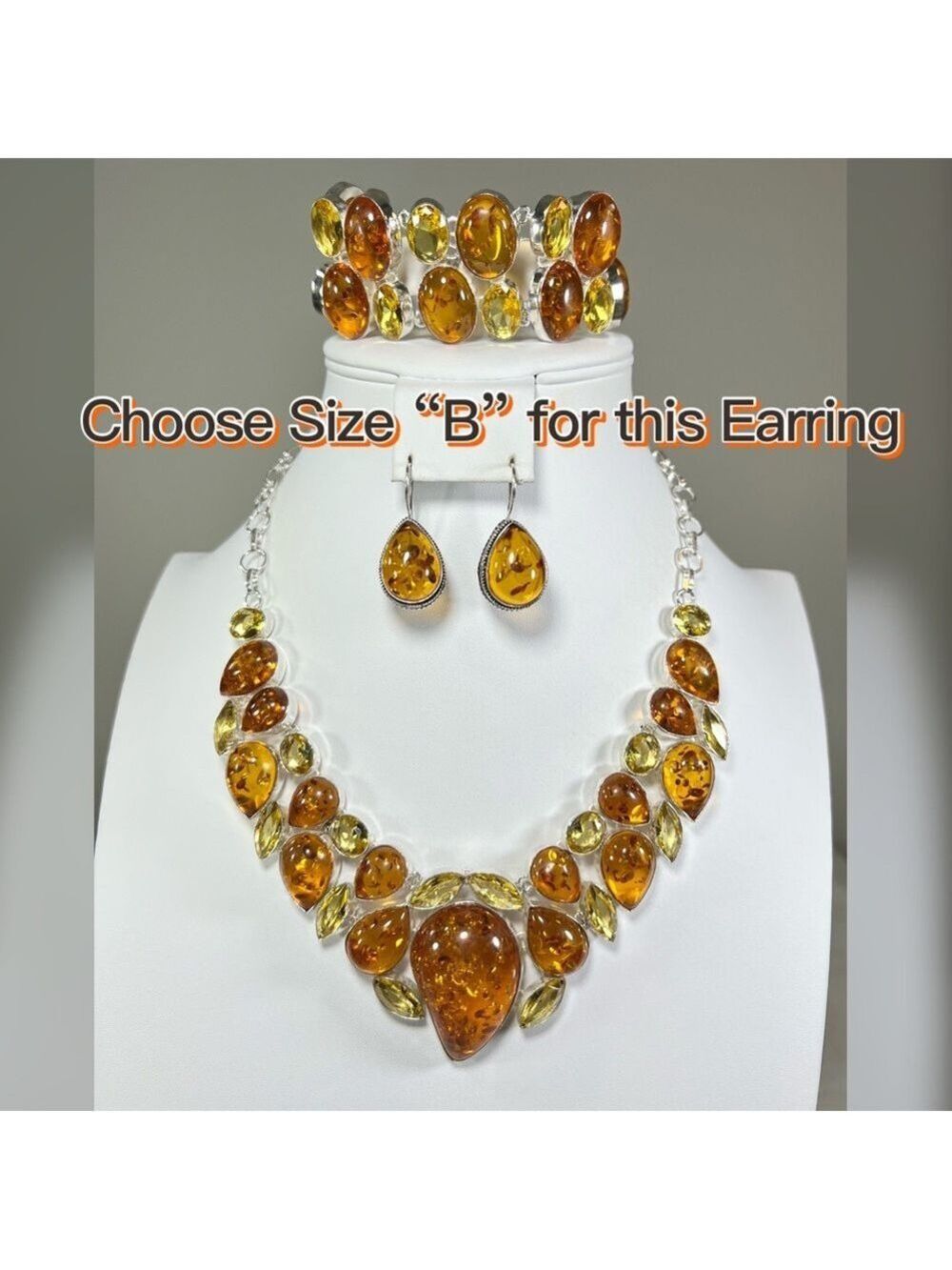 Amber & Citrine 925 Large synthetic stones Necklace Bracelet & ONE Earring ONLY - Picture 4 of 17
